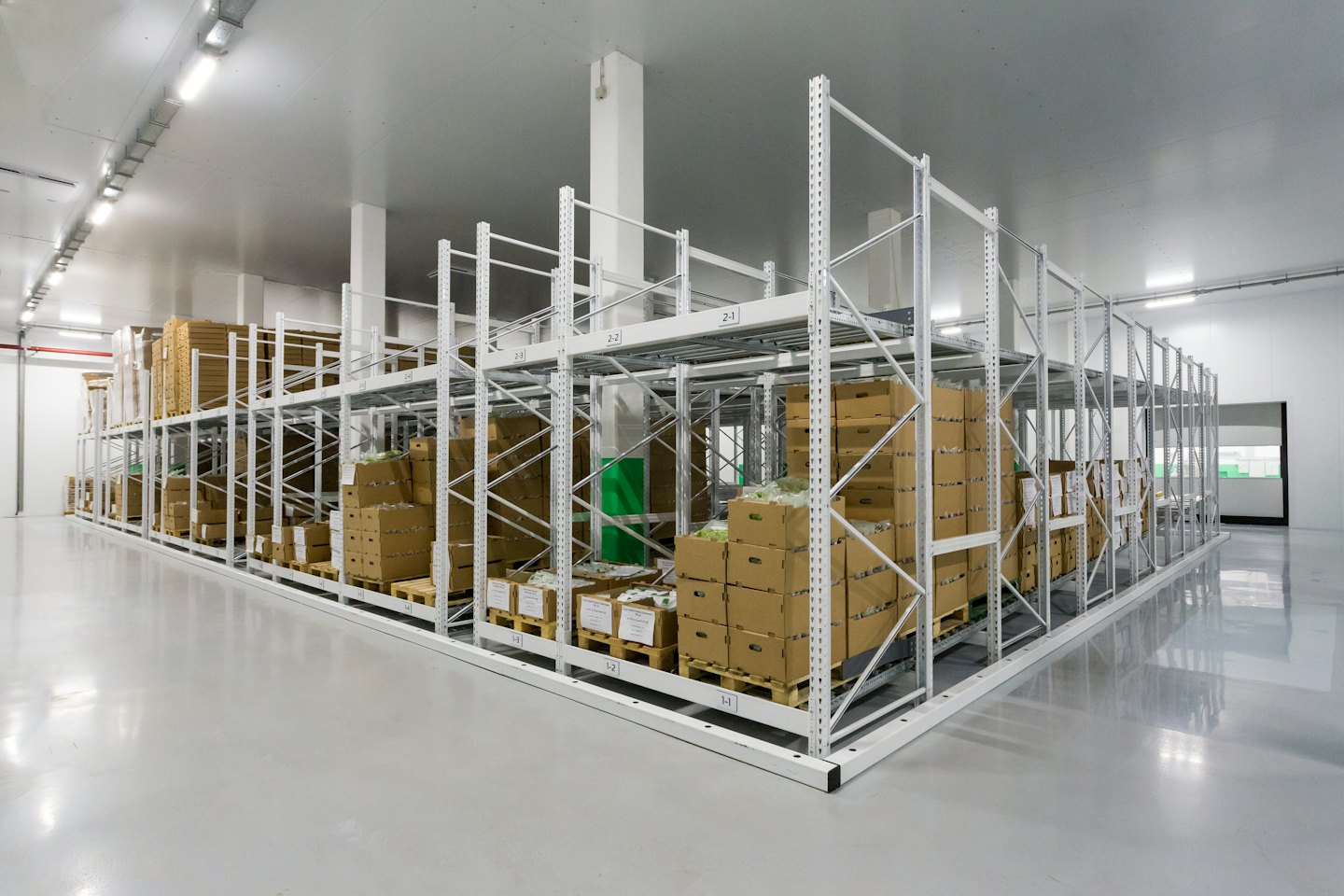 Organized warehouse shelves filled with boxes and pallets.
