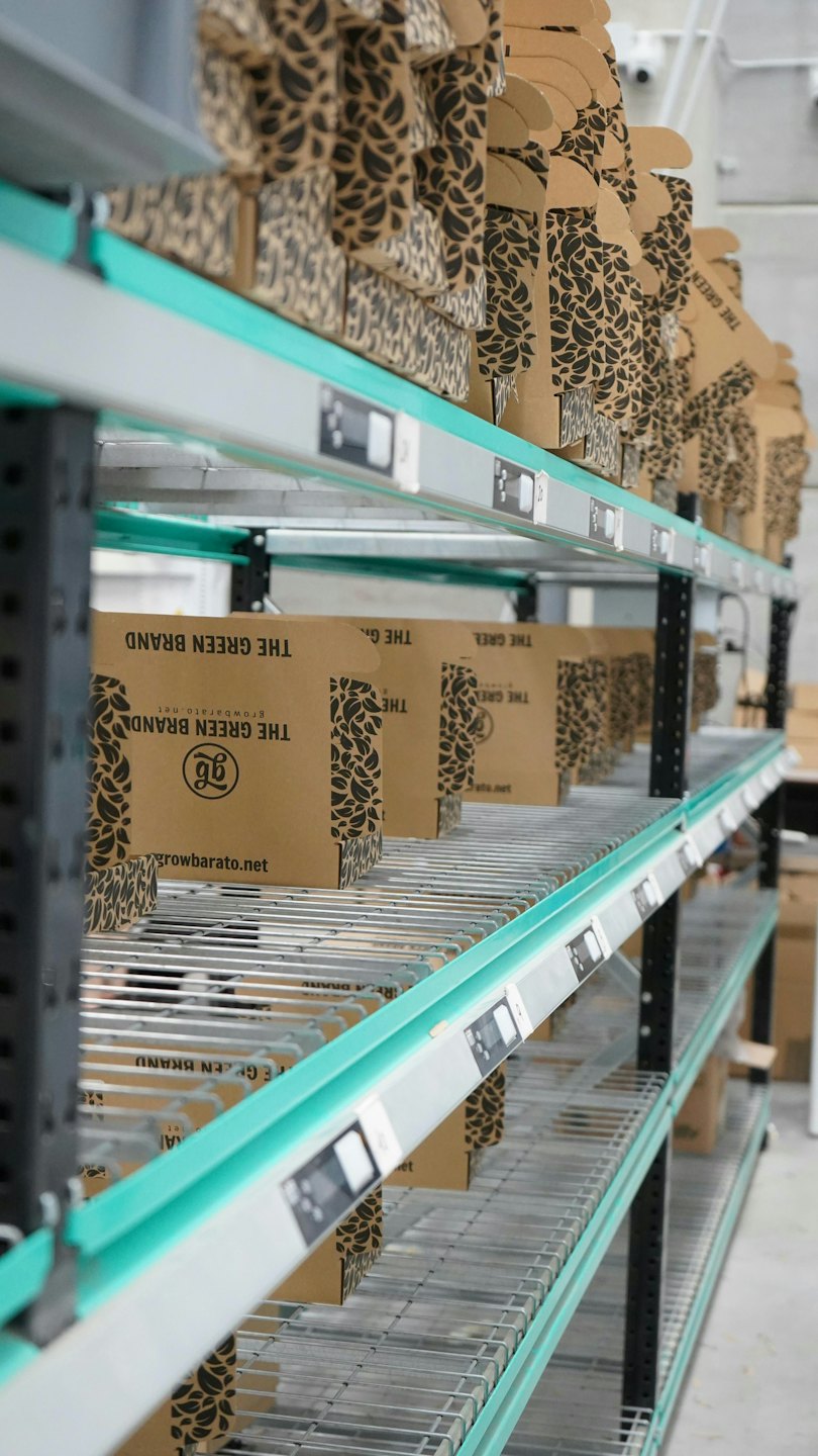 Cardboard boxes with leaf pattern stacked on warehouse shelving.